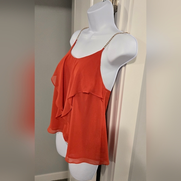 Marciano Vibrant Orange/Coral Flowy Top With Gold Chain Straps. - Picture 5 of 11